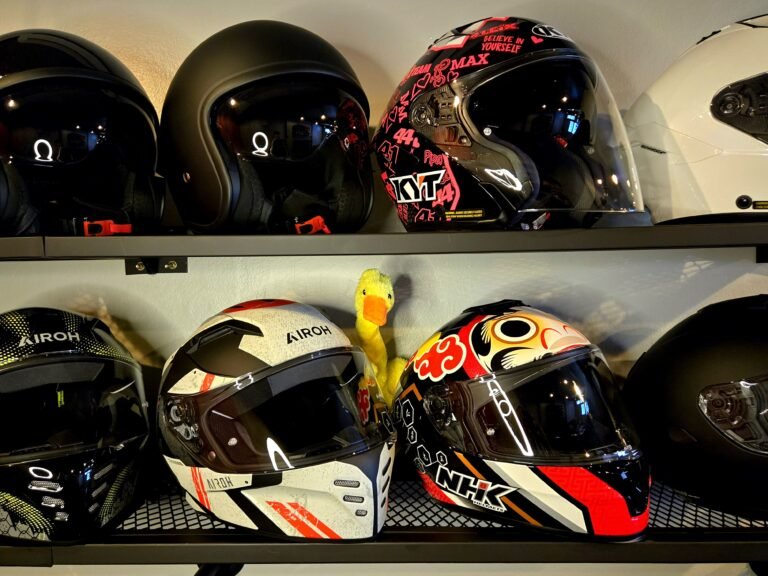 Line up of ECE rated helmets that meet Thailand helmet laws, included free with every rental from ducky's motorcycle rental, Bangkok