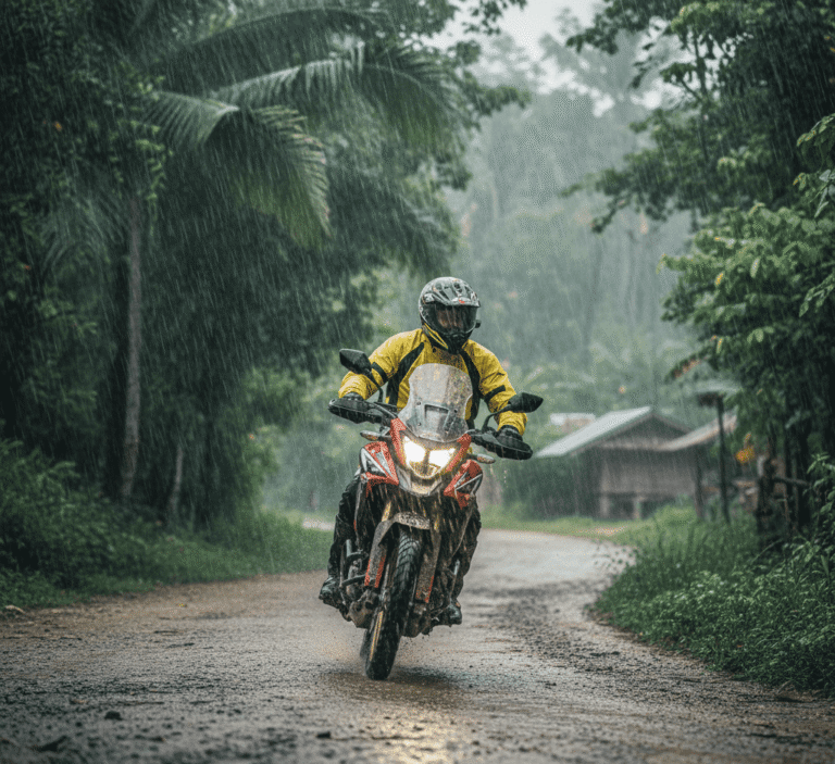 motorcycle rider in the rain - best time for a motorcycle trip in thailand
